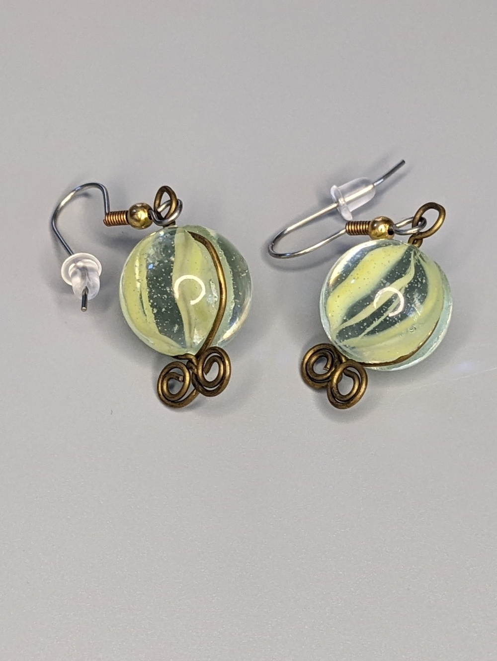 Vintage Style Glass Marble Orb Wire Wrapped Dangle Earrings Handmade Retro